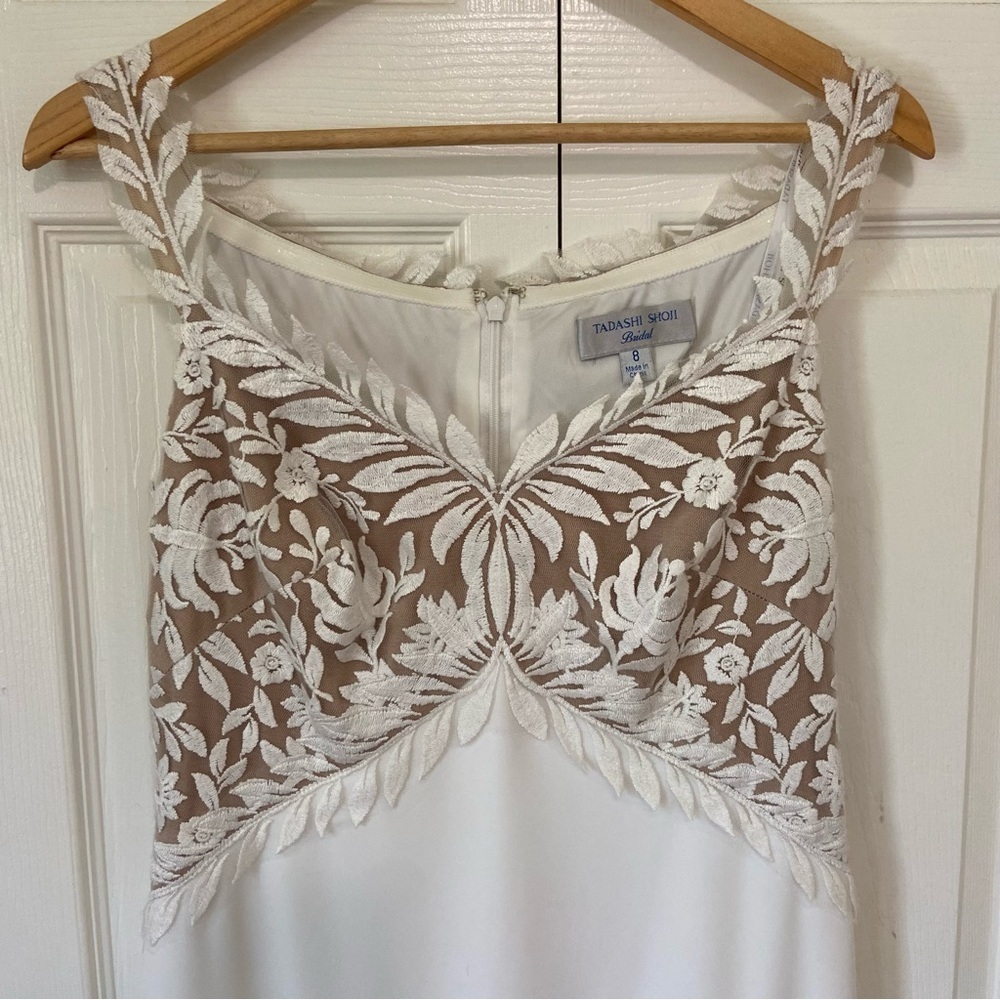 Tadashi Shoji NWT Lace Illusion Off The Shoulder Crepe Bridal Wedding Gown 8 - Picture 8 of 16